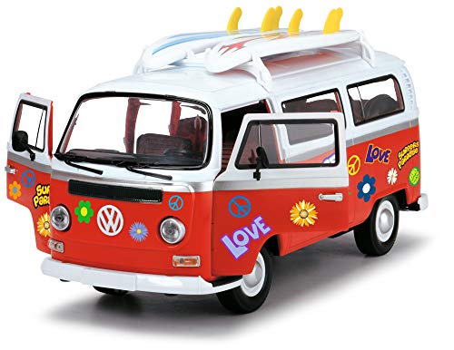 Dickie Toys Surfer Van VW Bus con Tablas de Surf, Bully, Juguete de Furgoneta, Puerta Abierta, Pegatina Adhesiva de 32 cm, a Partir de 3 años
