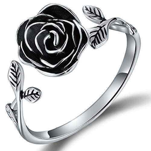 Esberry - Anillo de plata de ley S925 chapado en oro de 18 quilates, anillo abierto en forma de rosa, ajustable, para mujeres y niñas