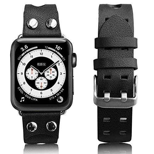 Euler Cowboy Style - Correa de piel auténtica con remache, compatible con Apple Watch Series 6 SE 5 4 (44 mm), color negro