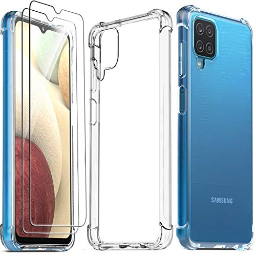 Ferilinso Funda para Samsung Galaxy A12 + 2 Piezas Cristal Templado Protector de Pantalla [Transparente TPU Carcasa] [10X Anti-Amarilleo] [Anti-Choque] [Anti-arañazos] [9H Dureza] [Fácil instalación]