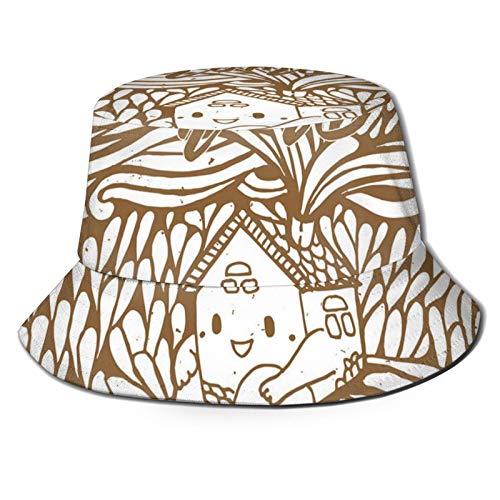 Fuliya Unisex Bucket Fisherman Cap,Cute Doodle House Sitting On A Hill and Spreading Petal Look Smokes,Travel Beach Outdoor Sun Hat