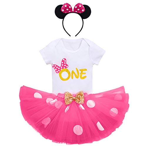 FYMNSI - Conjunto de ropa para bebé y niña de 1 cumpleaños, de manga corta, de algodón, con falda de tul y cinta para la cabeza, 3 piezas Rose One. 1 Año