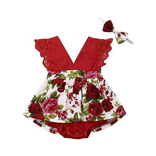 Geagodelia Conjunto de 2 piezas vestido de pelele para mono floral con volante para recién nacido con banda para el pelo rojo 12-18 Meses