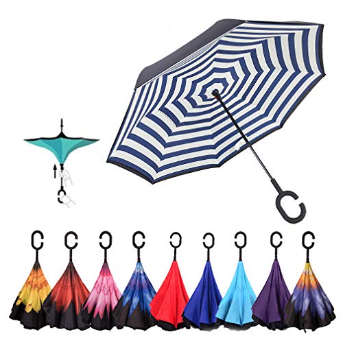 Gorgebuy Paraguas inverso - Paraguas invertidos de Doble Capa con Mango en Forma de C, protección UV para la Mujer para el Sol, o Mantener el Auto seco en días lluviosos (Azul a Rayas)