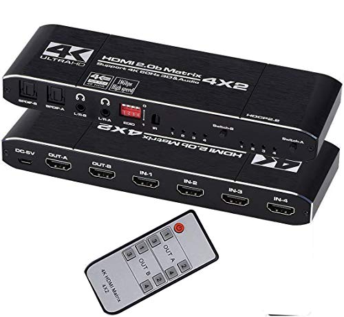 HDMI Matrix 4x2 4K@30Hz HDMI Audio Extractor hdmi Splitter with SPDIF and L/R 3.5mm HDMI 1.4b Switch for HDCP 2.2 3D 1080P LPCM/Dolby/DTS 5.1 Channel EDID