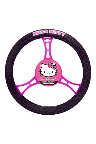 Hello Kitty KIT3019 Funda de Volante Negra con Detalles en Rosa para Coche Universal