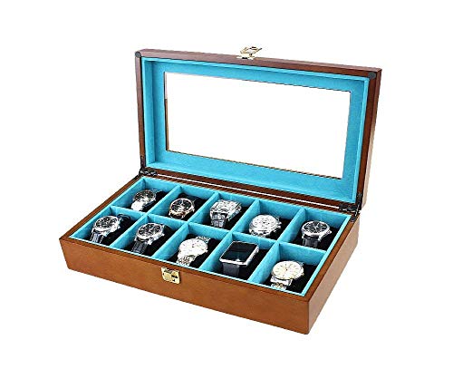 HUAHUA Watch Bander Box Bandeja de madera, reloj pulsera caja de 10 bandejas de almacenamiento caja del reloj de cajas de presentación con el bloqueo y tapa de vidrio de madera de pino 37 * 22 * ​​9cm
