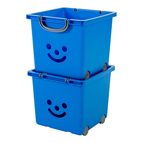 Iris Ohyama 135606 kcb-32 Smiley Kids Set de 2 cubos de almacenaje sobre ruedas plástico azul marino/plata 33 x 32 x 35 cm