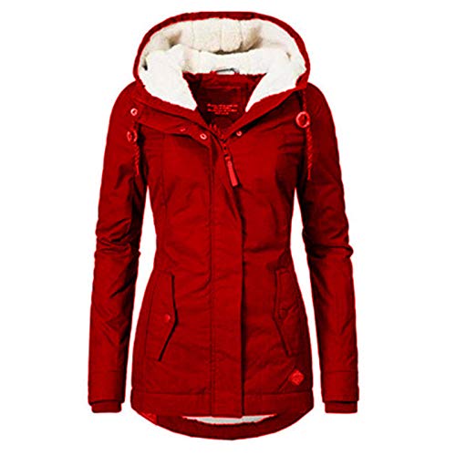 jieyun Abrigo con capucha para mujer, impermeable, grueso forro polar de algodón, cálido abrigo para invierno, acolchado de felpa, chaqueta con capucha, color rojo