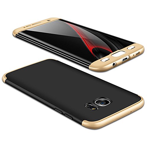JMGoodstore Funda Compatible Galaxy S7 Edge,Carcasa Samsung S7 Edge,360 Grados Integral Ambas Caras+Cristal Templado,3 in 1Slim Dactilares Protectora Skin Caso Cover Oro+Negro