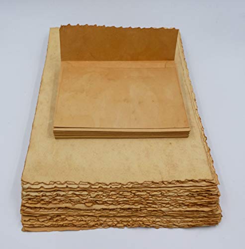 Juego de papel antiguo vintage, hecho a mano con borde envejecido auténtico, tintado de té (sin impresión) +/- Invoice estadounidense (aprox. A5), 8 hojas y 4 sobres C6plus.