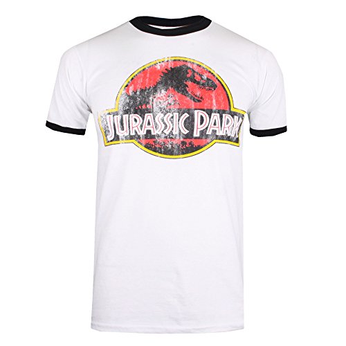 Jurassic Park Distressed Logo Camiseta, Blanco (White/Black WBL), Large para Hombre