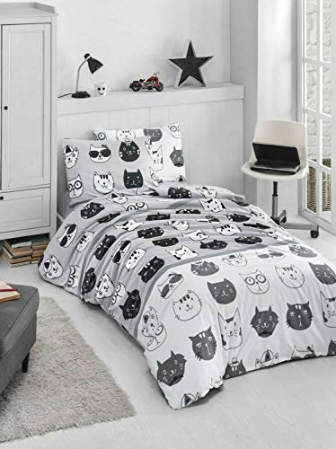 KESTEX Ropa de cama de 2 piezas Renforcé Kitty Gato gris algodón 135 x 200 cm 80 x 80 cm