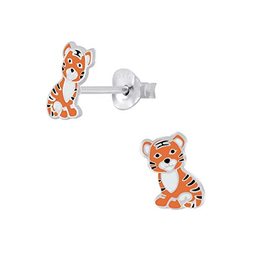 Laimons Pendientes infantiles para niñas, joyas infantiles, diseño de tigre, gato depredador, tigre en brillante, 9 mm, de plata de ley 925
