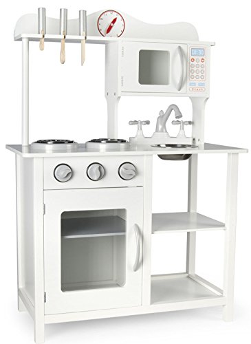 Leomark Moderno Cocina Madera Infantil de Juguete - Classic White - Accesorios: Reloj, microondas, para Niños, Estilo Escandinavo, Dim: 60x30x85 (Altura) cm