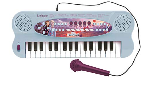 LEXIBOOK Teclado electrónico Frozen 2 Elsa Anna Olaf, piano de 32 teclas, Micrófono para cantar, 22 canciones de demostración, operado con batería, Azul Púrpura (K703FZ_50)