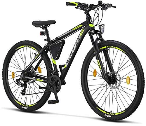 Licorne Bike Effect Premium - Bicicleta de montaña de 29 pulgadas - para niños, niñas, hombres mujeres - Cambio Shimano de 21 velocidades - para hombre - Negro/Lime (2 frenos de disco)