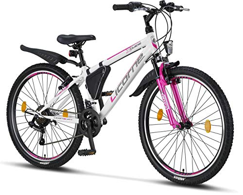 Licorne Bike Guide Bicicleta de montaña de 26 Pulgadas, Cambio Shimano de 21 velocidades, suspensión de Horquilla, Bicicleta Infantil, Bicicleta para niños y niñas, Bolsa para Cuadro,Blanco/Rosa