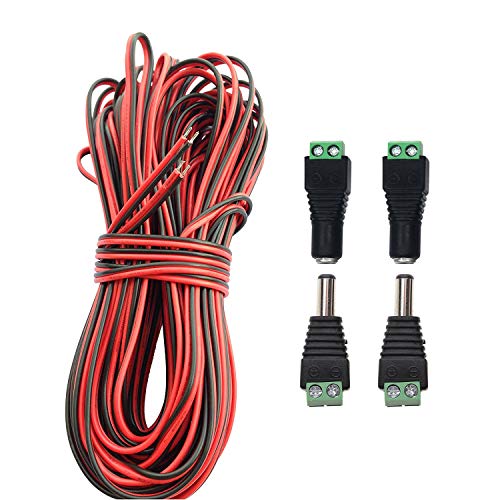LITAELEK 20m 2 Pines Cable DC 12V 5V 9V 24V 36V Cable de Extensión de Tira de LED 22 AWG Cables Rojo y Negro con Conectores Hembra y Macho DC 5,5 mm x 2,1 mm para LED Strip, Coche Cable,etc.