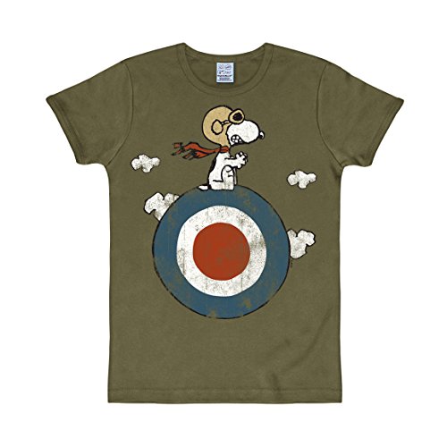 Logoshirt Comics - Peanuts - Blanco - Snoopy - Piloto - Camiseta - Slim-Fit - Verde Oliva - Diseño Original con Licencia, Talla XL