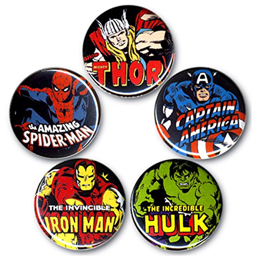 Logoshirt Marvel Comics - Superhéroes - Avengers - Captain America - Iron Man - Spiderman - Hulk - Thor Juego de Botones de 1 Pulgada - Juego de 5 Insignia - Diseño Original con Licencia