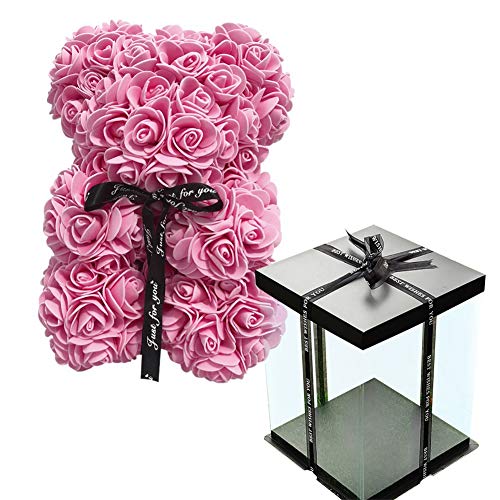Lucoss Oso de peluche de rosas para siempre, osito de peluche de flores artificiales, juguete para aniversarios, bodas, cumpleaños, San Valentín, novia, mamá, muñeca de regalo (rosa-25 cm)