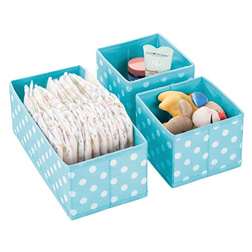 mDesign Juego de 3 cajas de almacenaje para habitaciones infantiles, baño, etc. – Cestas organizadoras de lunares – Organizadores de armario infantil de fibra sintética en 2 tamaños – turquesa/blanco