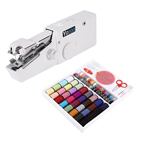 Minimáquina de coser portátil manual + caja con 64 hilos de coser tejido fino (tejido de grosor máx. 1,8 mm)