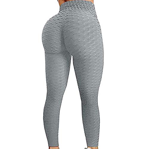 N /C Women's High Waist Tummy Control Yoga Pants Butt Lift Textured Workout Tights Sport Running Leggings (Grey, M)