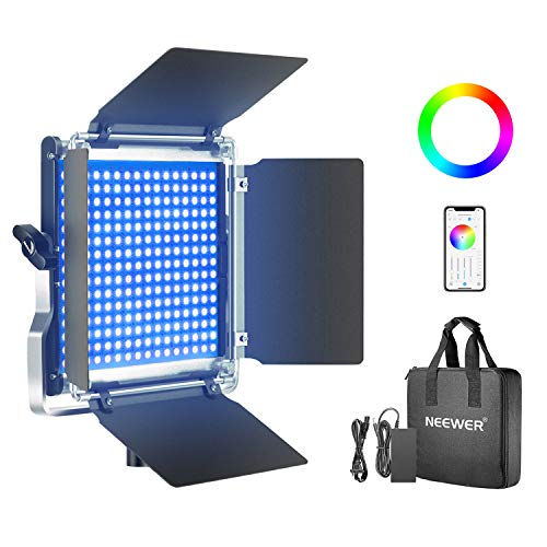 Neewer 530 RGB Luz LED con Control Aplicación, 528 SMD LED CRI95/3200K-5600K/Brillo 0-100%/0-360 Colores Ajustables/11 Escenas Aplicables con Pantalla LCD/Soporte en U/Barndoor, Carcasa Metal