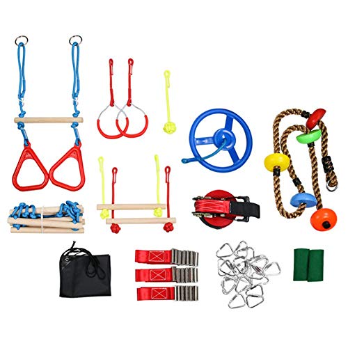 Ninja Warrior Kit de curso de obstáculos para niños colgando barras de mono puños, anillos de gimnasia, cuerda de oscilación, escalera portátil al aire libre Ninja Course Equipo de entrenamiento