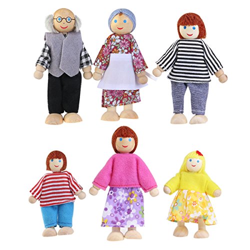NUOLUX 6pcs muñeca de Madera de Juguete Familia de Muñecos Dibujos Animados para niños Regalo de la casa de Juego (Color al Azar)