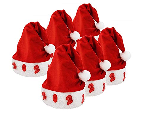 Pack 6 Gorro Papá Noel de Navidad de Santa Claus de Terciopelo con Luz intermitente de Número 2021 para Adultos y Niños Sombreros Rojos