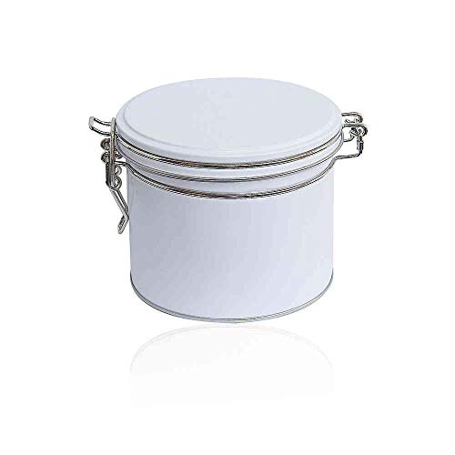 Perfekto24 Caja de metal redonda con tapa, 10,2 x 9 cm, redonda, vacía, color blanco, caja de almacenamiento, lata de almacenamiento universal