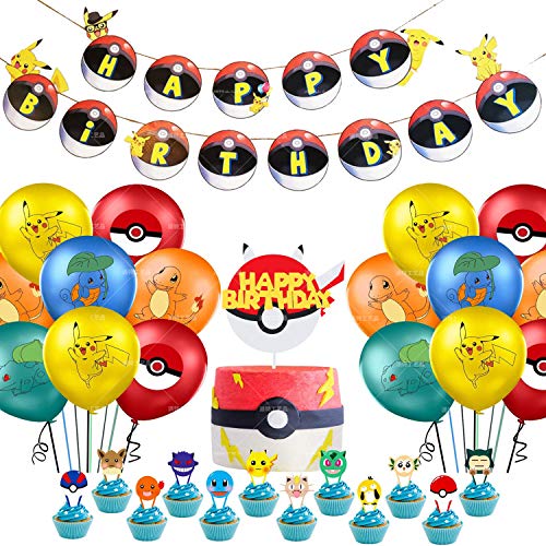Picachu Decoración para Fiestas de Cumpleaños con Globos Banderín Feliz Cumpleaños Tarjetas de Tarta Adornos de Casa Bunting Banner Balloon Birthday Decorations Garland Set para Niños