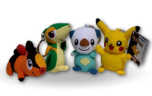 Pokemon Pack 4x Peluches 9cm con Llavero Pikachu, Tepig, Snivy y Oshawott Pokemons Peluche Llaveros