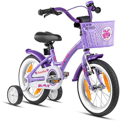 Prometheus Bicicleta para niños de 3 a 5 años | Bicicleta Infantil 4 años para niñas 14 Pulgadas con ruedines en Morado y Blanco