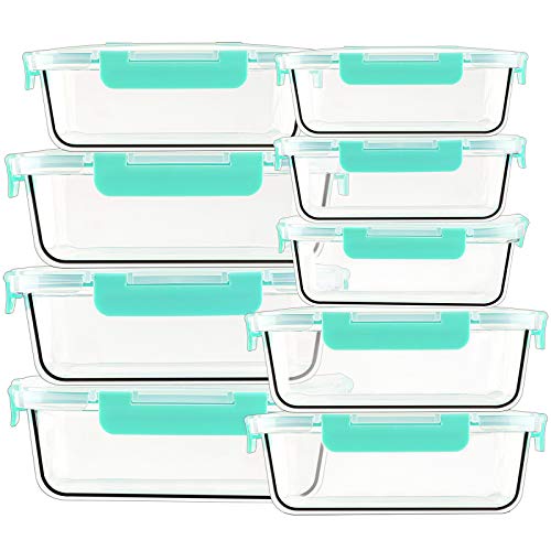 Recipientes de Vidrio para Almacenamiento de Alimentos [Juego de 9, 3 tamaños] Cajas de preparación de Comidas con Tapas, sin BPA, aptas para lavavajillas, microondas y congelador, Menta
