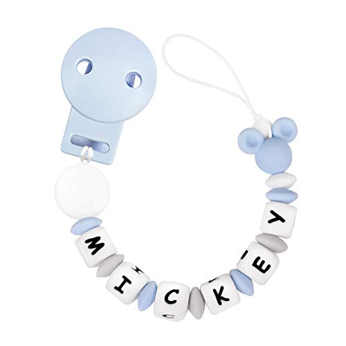 RUBY - Chupetero Personalizado para Bebe con Nombre Bola Silicona Antibacteriana con Pinza de Plástico, Chupetero Mickey (Azul Pastel)