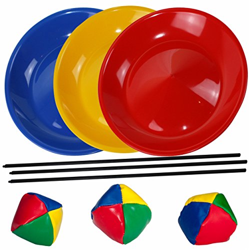 SchwabMarken 3 Platos de Malabares en Azul, Amarillo y Rojo, 3 Bastones para Nuestros Platos de Malabares y 3 Bolas de Malabares para lanzar o malabarismos a un Precio EXCEPCIONAL