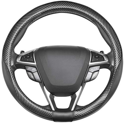 SEG Direct Car Steering Wheel Cover Universal Tamaño Estándar 37-39cm Cuero Con Patrón De Fibra De Carbono Negro