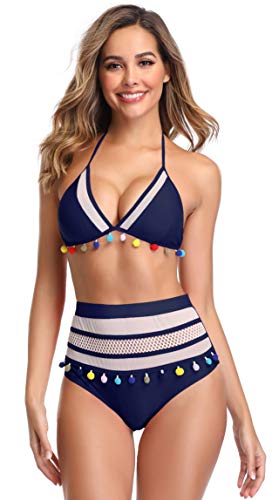 SHEKINI Dividir Triángulo de la Copa de la Mujer Bikini Correa del Halter Set de natación Color Bolas de Pelo Cintura Alta Traje de baño Traje de baño (M, B-Azul Profundo)