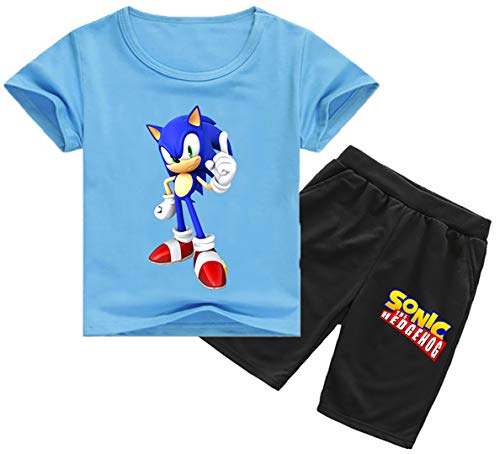 Silver Basic Sonic The Hedgehog Pijamas para Niños Conjunto de Camiseta y Pantalones Cortos de Manga Corta Pijamas para Niños Sonic Cosplay Disfraz Sonic Shirt 130,Azul Sonic-2