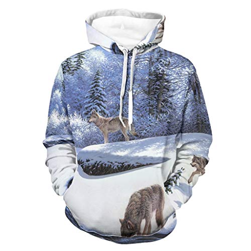 Sudadera con capucha para hombre con diseño de lobo indio y bosque nevado, con luz solar, humor, de manga larga, con bolsillos Negro S