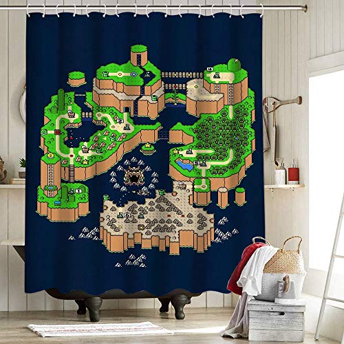 Super Mario World MAP - Juego de cortinas de ducha de poliéster con impresión 3D para baño Super Mario PIXLTEES Game Pop Art de 182 x 182 cm
