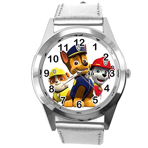TAPORT® Reloj de cuarzo plateado correa de cuero redondo para los fans de la Patrulla Canina