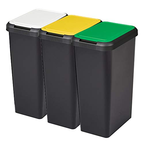 Tontarelli Set 3 Cubos de Reciclaje Touch&Lift 135 litros Color Negro con Tapa Amarilla/Verde/Blanca, Triple