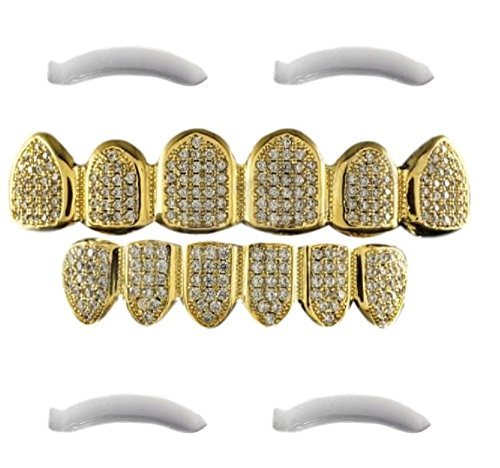 Top Class Jewels Grillz Funda para Dientes, chapada en Oro de 24 CT. con Diamantes de circonitas cúbicas micropavé (Incluye 2 Tiras de fijación adicionales)