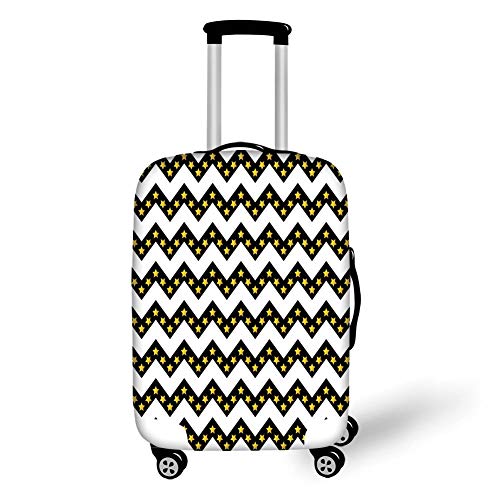 Travel Luggage Cover Suitcase Protector,Chevron,Black Zig Zag Chevron Pattern with Inner Stars Parallel Striped Lines Art Print Decorative,White Yellow，for Travel,L