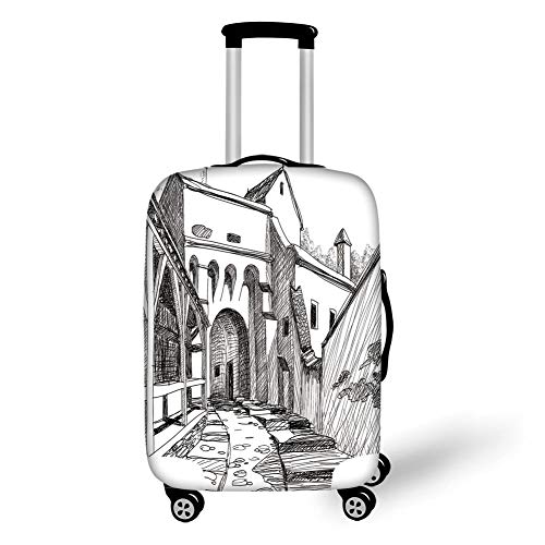 Travel Luggage Cover Suitcase Protector,Medieval Decor,Medieval Citadel Sketch House of Legendary Vampire Dracula Old Mystical Tales Art Work,Black White，for Travel,L
